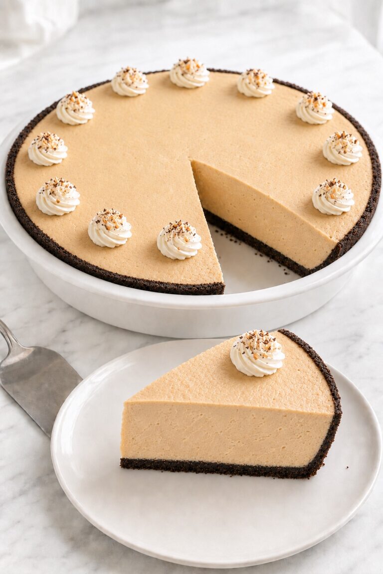 Creamy Peanut Butter Pie with a thin Oreo crust, whipped cream swirls, chopped peanuts, and dark chocolate shavings.