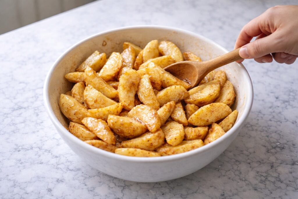 mixing sliced apples with sugar cinnamon and lemon juice for apple crisp filling