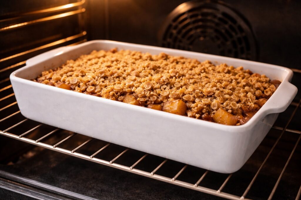 apple crisp baking in oven with golden oat crumble topping