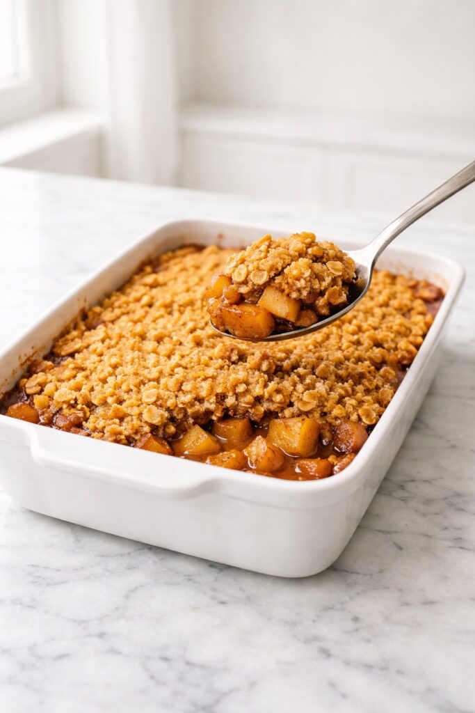homemade apple crisp with golden oat crumble topping in a white baking dish