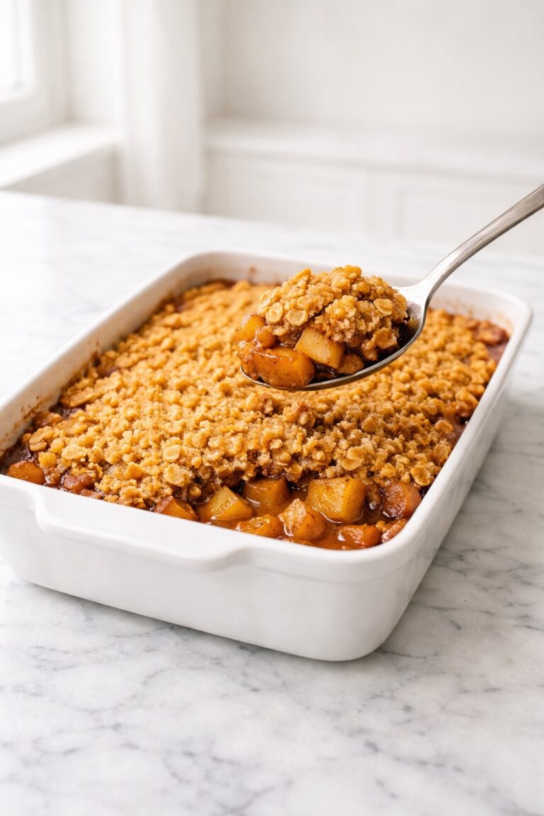 Easy homemade apple crisp with buttery oat crumble topping and tender cinnamon apples