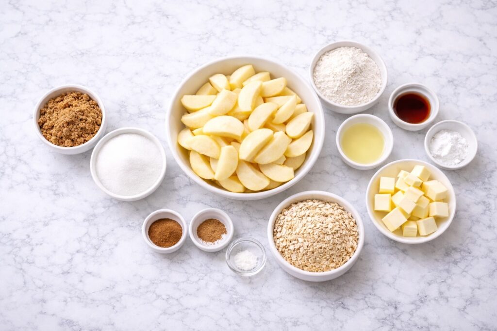 ingredients for apple crisp recipe including apples oats flour sugar butter cinnamon and nutmeg