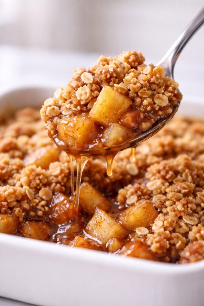 spoon lifting apple crisp showing syrupy cinnamon apples and oat crumble topping