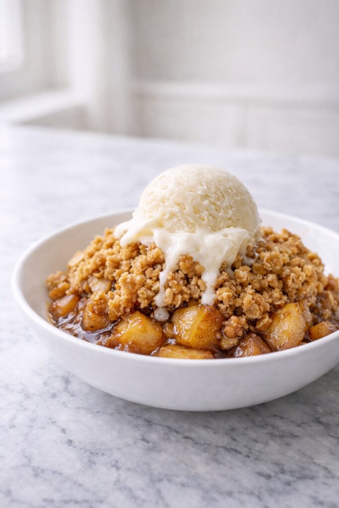 warm apple crisp served with vanilla ice cream in a white bowl
