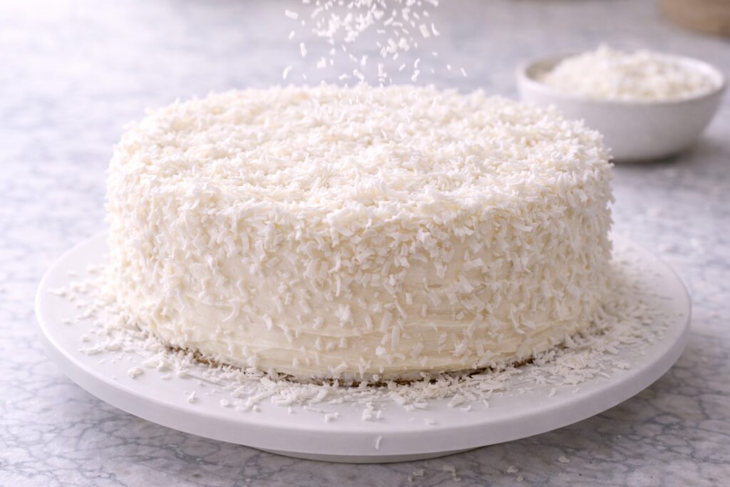 Sprinkling shredded coconut onto a frosted coconut cake.