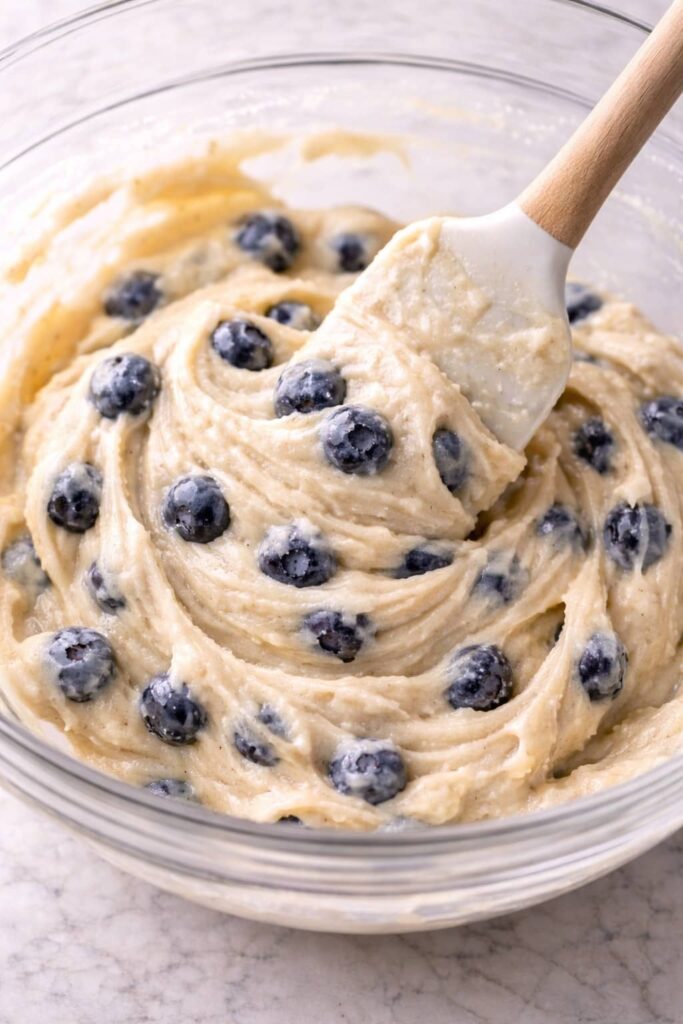 Folding fresh blueberries into thick cake batter using a spatula in a glass mixing bowl.