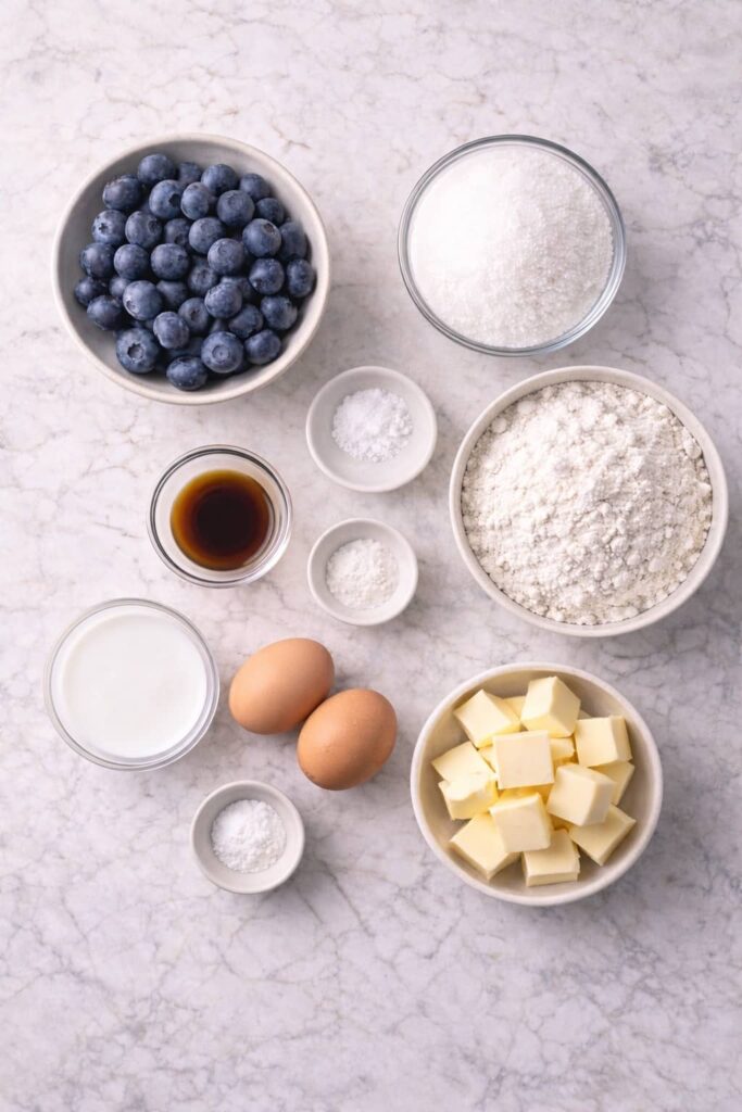 Ingredients for blueberry cake arranged on marble surface including flour, sugar, fresh blueberries, butter, eggs, milk, vanilla, baking powder, and salt.