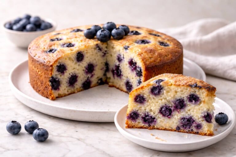 Homemade blueberry cake with a soft moist crumb and fresh blueberries baked in a round pan.
