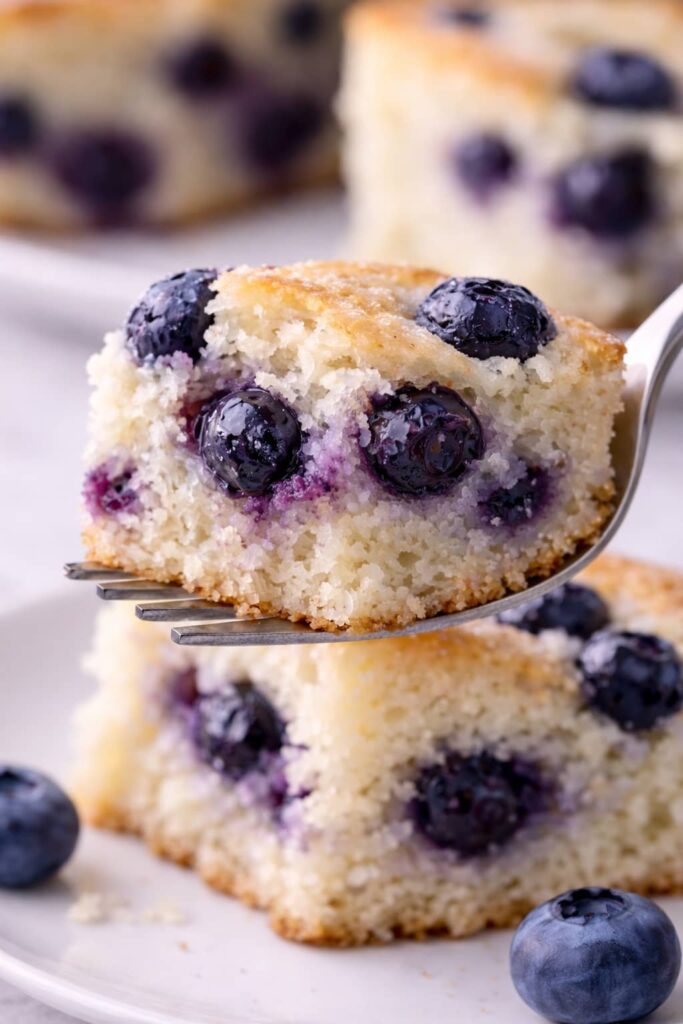 Fork holding a bite of moist blueberry cake showing soft airy crumb structure and evenly distributed baked blueberries.