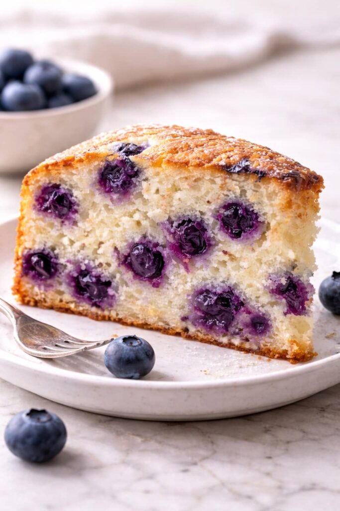 Close-up of a moist blueberry cake slice showing a soft tender crumb with evenly distributed fresh blueberries.
