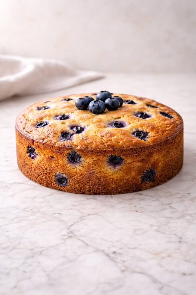 Whole blueberry cake baked in a 9-inch round pan with fresh blueberries on top, shown on a light marble surface.