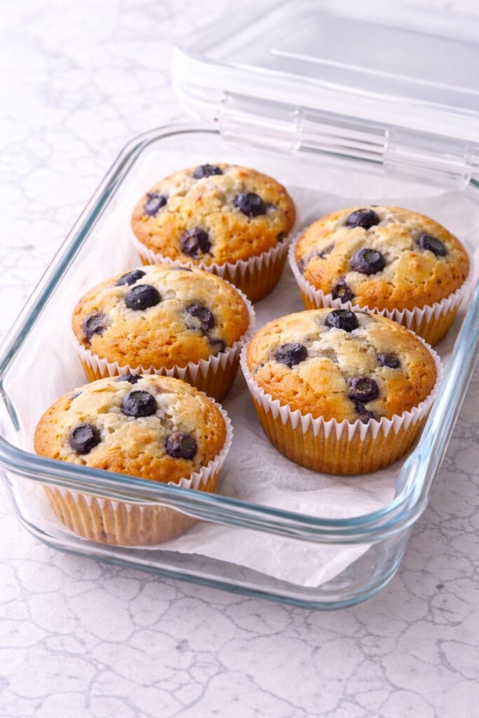 blueberry muffins stored in airtight container