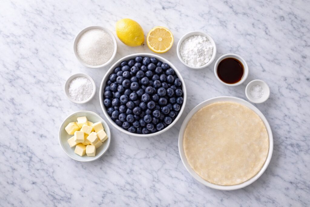 ingredients for blueberry pie including blueberries sugar cornstarch lemon and pie crust