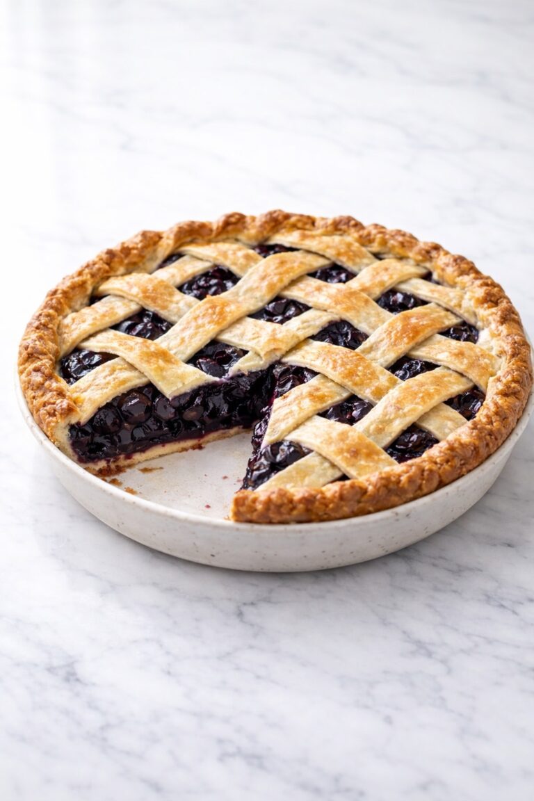 homemade blueberry pie with lattice crust in a white ceramic pie dish