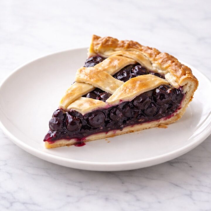 slice of blueberry pie with flaky crust and thick blueberry filling