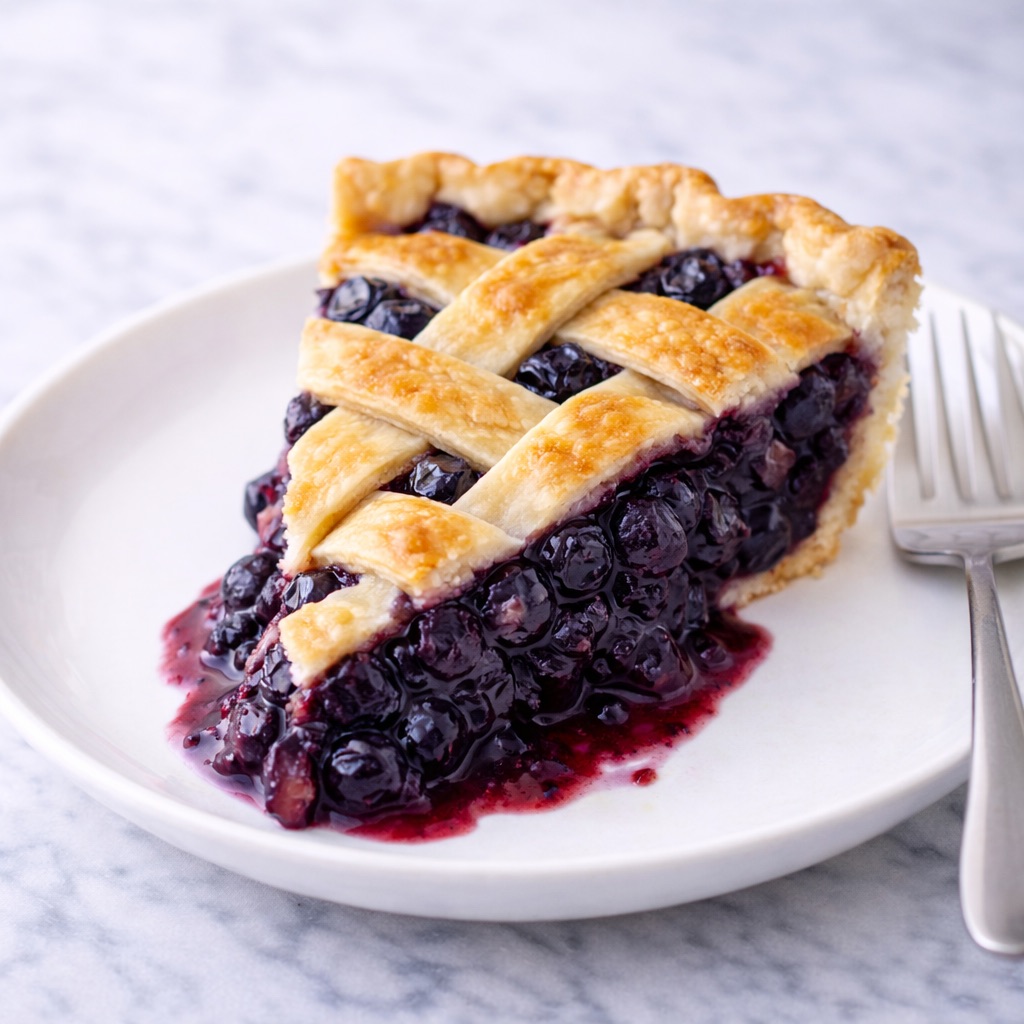 slice of blueberry pie with flaky lattice crust on a white plate
