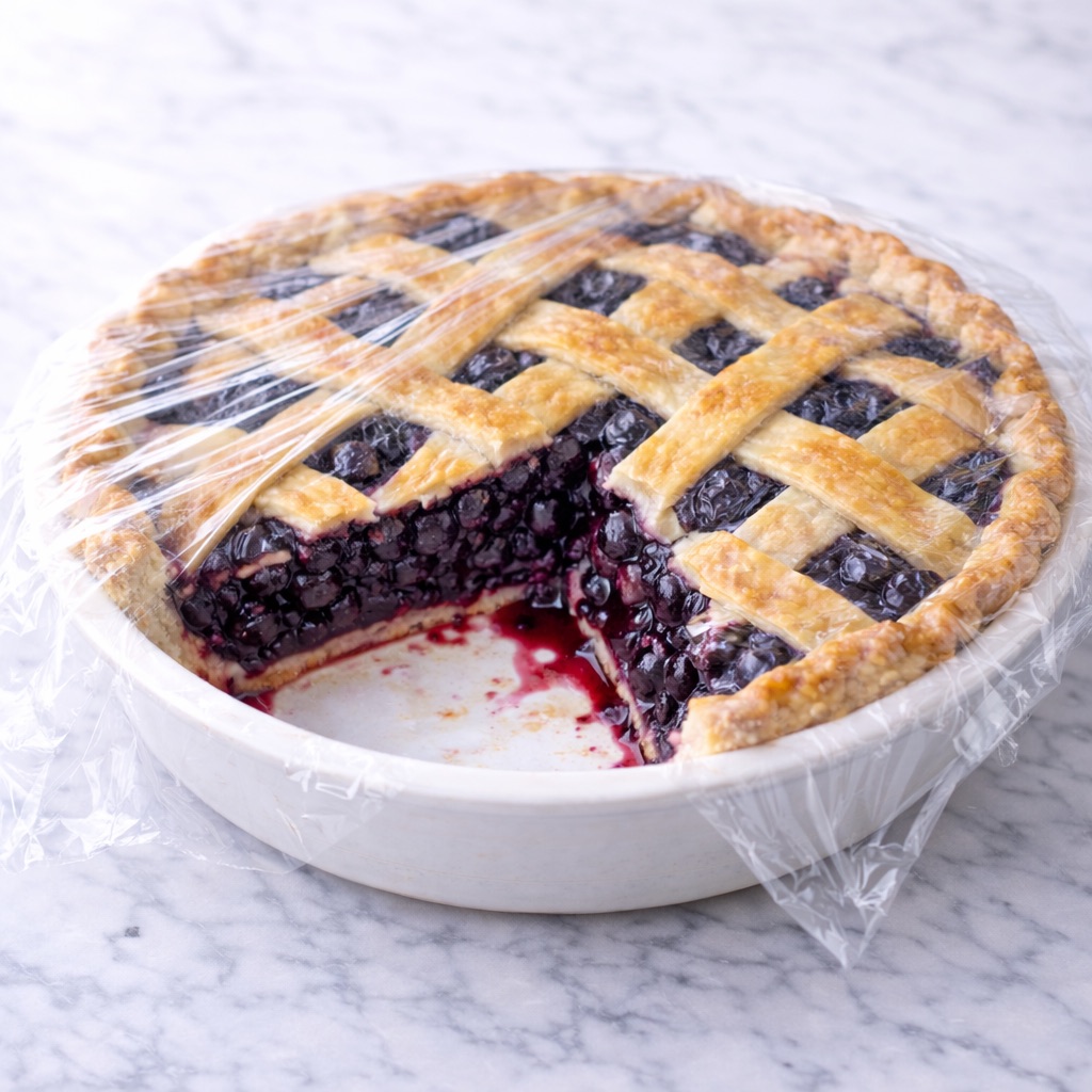 leftover blueberry pie covered with plastic wrap in a pie dish