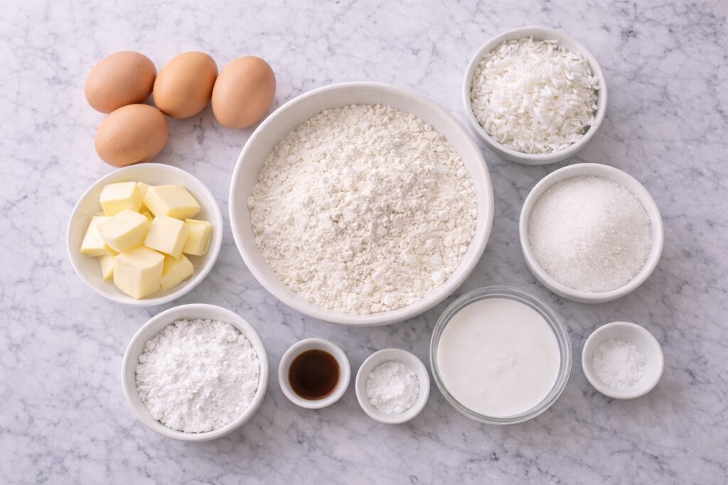 Ingredients needed to make coconut cake including flour eggs butter and coconut.