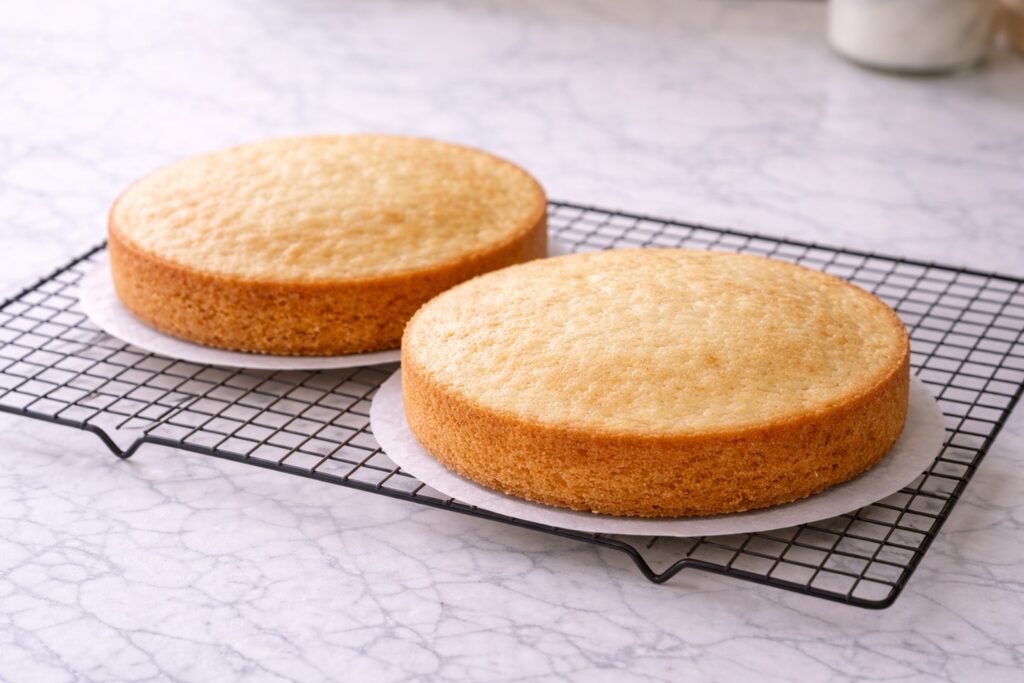 Freshly baked coconut cake layers cooling on a wire rack.