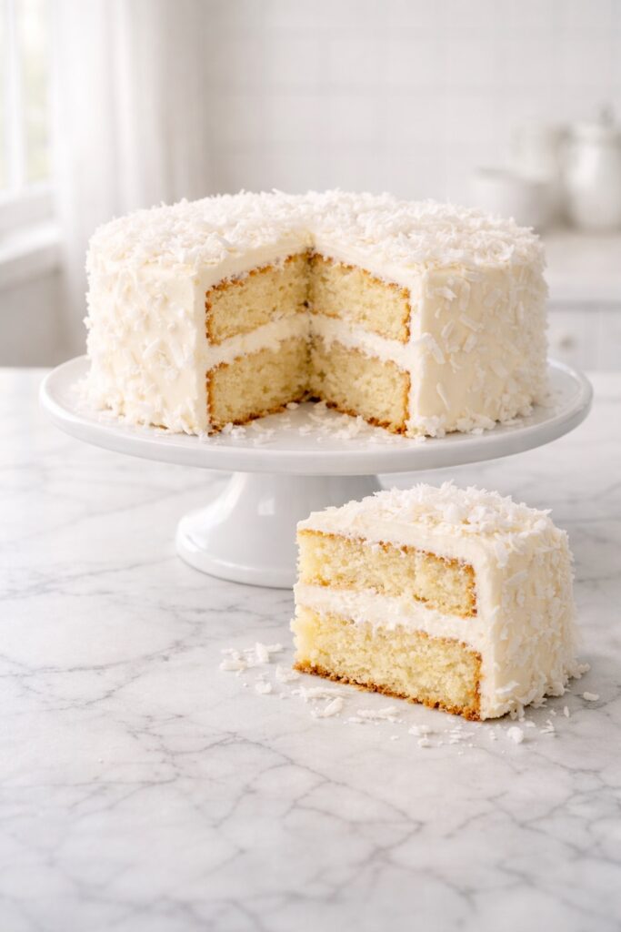 Homemade coconut cake with fluffy layers and coconut frosting.