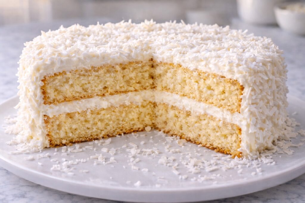 Coconut layer cake cross section showing fluffy vanilla coconut sponge and creamy frosting