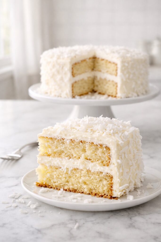 Slice of coconut cake served on a white plate with fluffy layers.