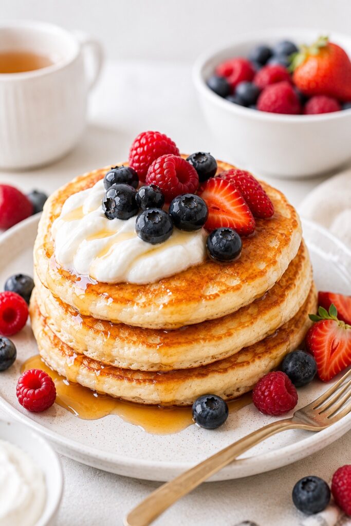 Cottage Cheese Pancakes with Greek yogurt and berries