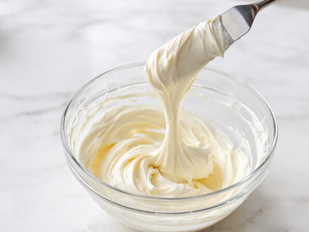 cream cheese frosting texture cream cheese frosting with soft peaks showing smooth and spreadable texture