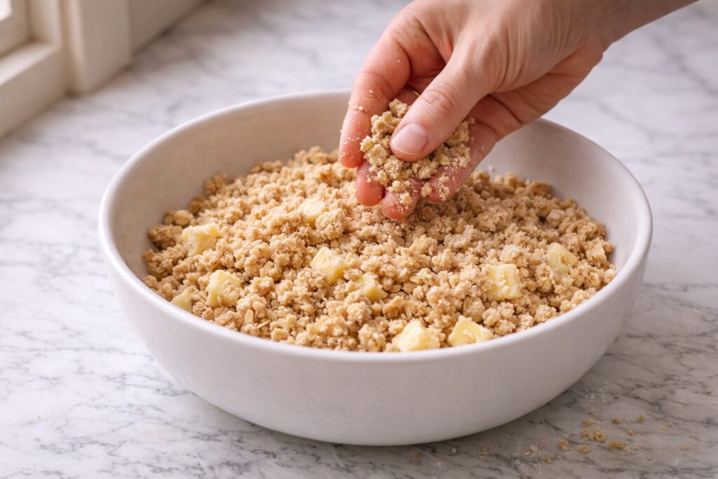 Hand mixing buttery oat crumble topping with flour, brown sugar, and butter cubes in a bowl for homemade apple crisp