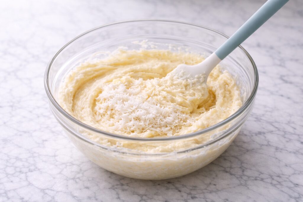 Shredded coconut being folded into coconut cake batter.