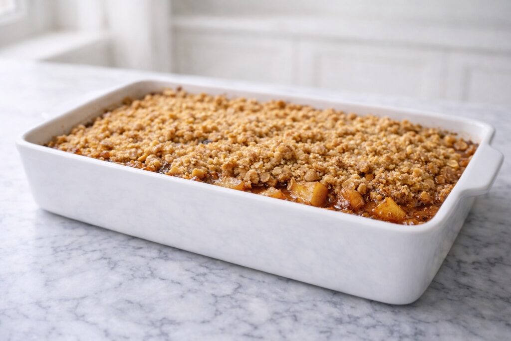 fresh baked apple crisp with bubbling cinnamon apple filling and golden crumble