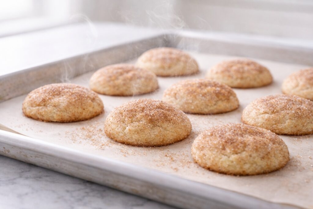 Fresh snickerdoodle cookies on baking tray just out of the oven