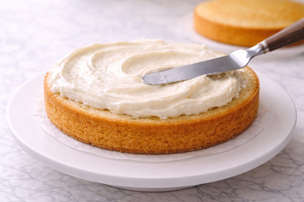 Spreading coconut frosting onto a coconut cake layer.