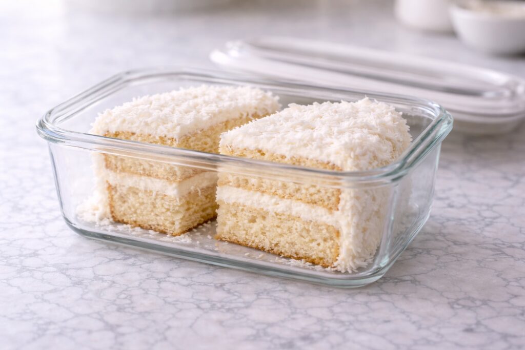 Coconut cake slices stored in a glass airtight container.
