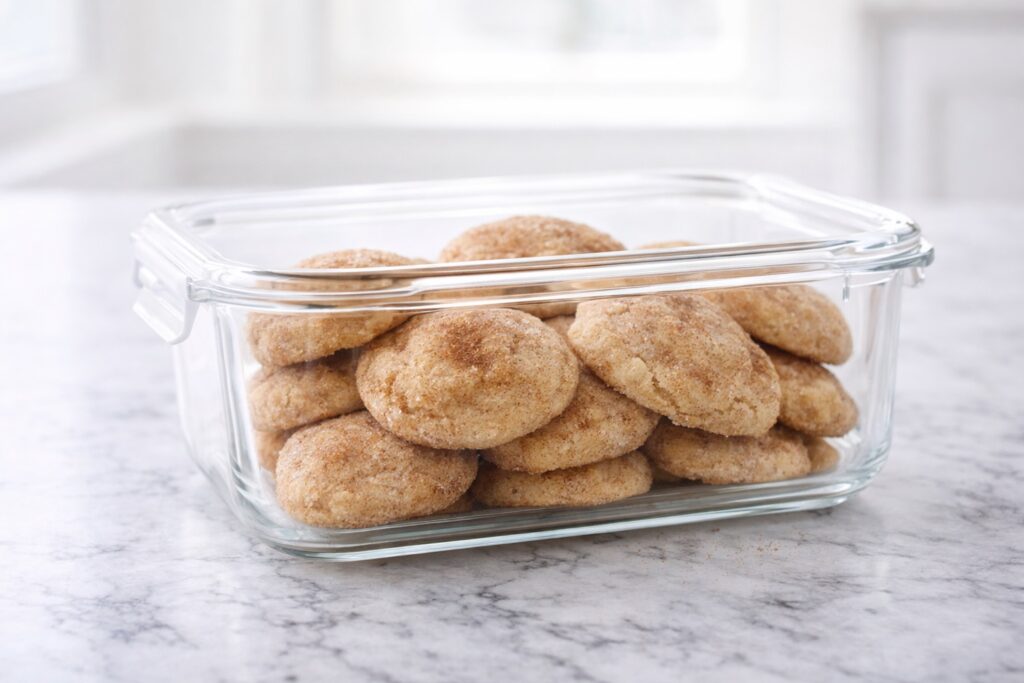 Snickerdoodle cookies stored in airtight container to keep soft texture