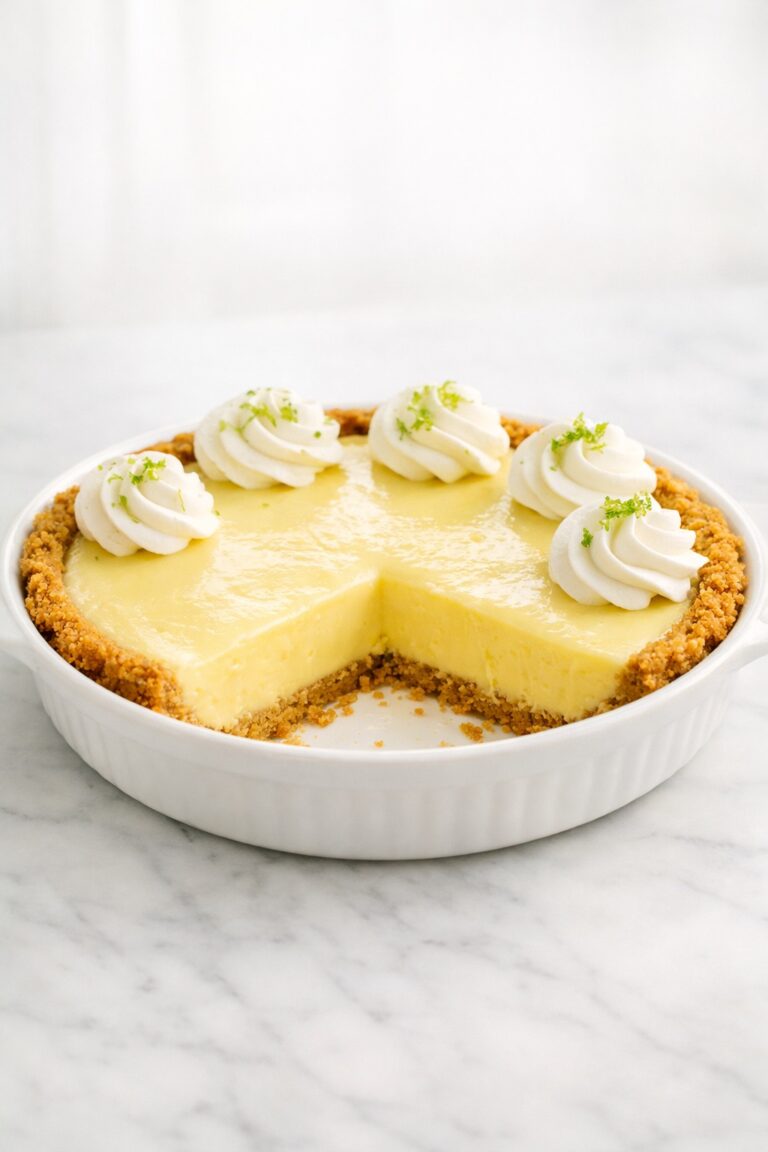 homemade key lime pie with creamy citrus filling and graham cracker crust in a white ceramic pie dish