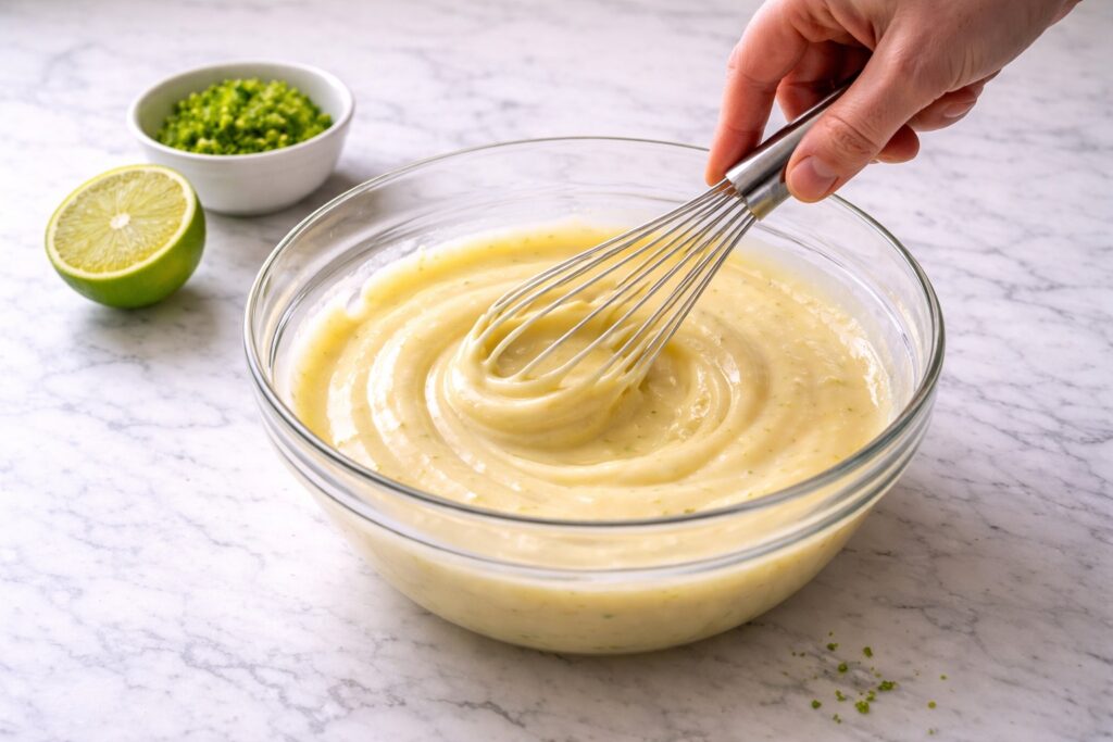 whisking creamy key lime pie filling made with egg yolks condensed milk and lime juice