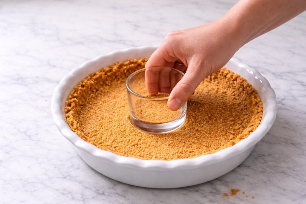 pressing graham cracker crust mixture into a pie dish to prepare the base for key lime pie