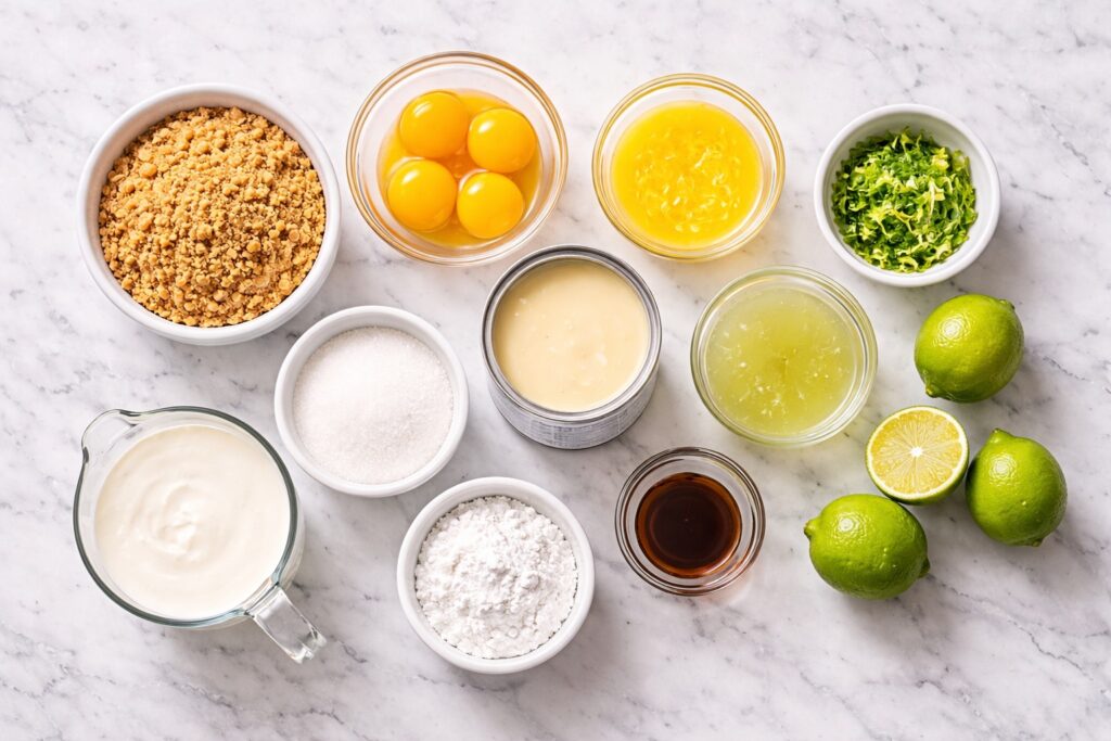ingredients for key lime pie including graham cracker crumbs sweetened condensed milk egg yolks lime juice and whipping cream