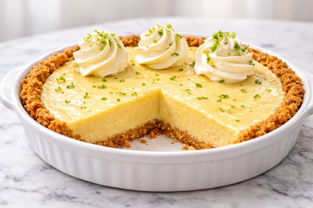 homemade key lime pie with creamy citrus filling whipped cream and graham cracker crust