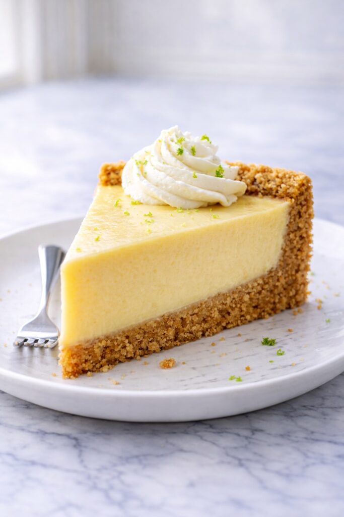 slice of key lime pie served on a white plate with whipped cream topping and dessert fork
