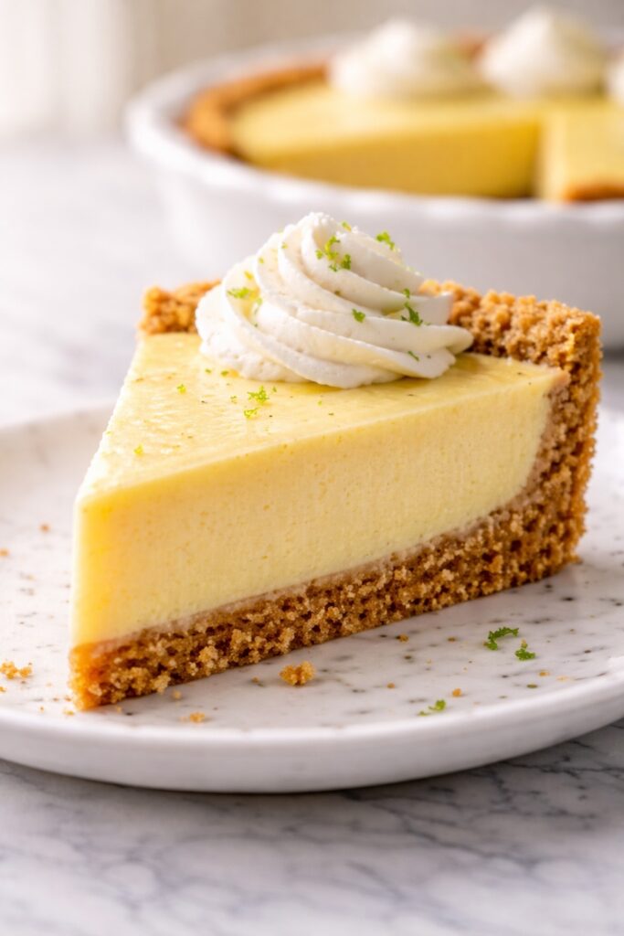 close up slice of key lime pie showing creamy custard filling and crumbly graham cracker crust