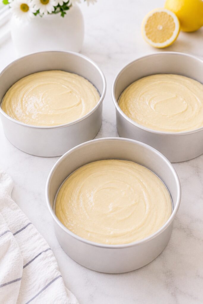 Lemon Blueberry Cake Batter in Pans