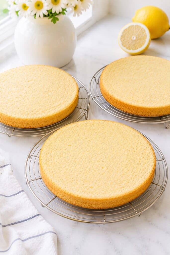 Lemon Blueberry Cake Layers Cooling On Racks