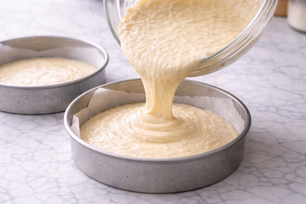 Coconut cake batter being poured into round cake pans.