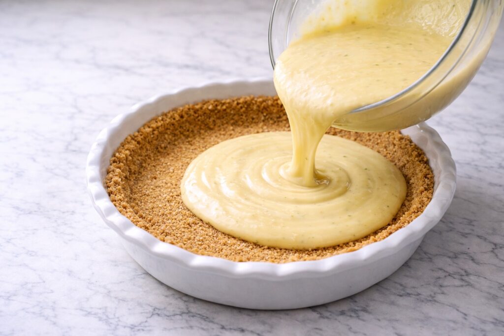pouring smooth key lime pie filling into a prepared graham cracker crust