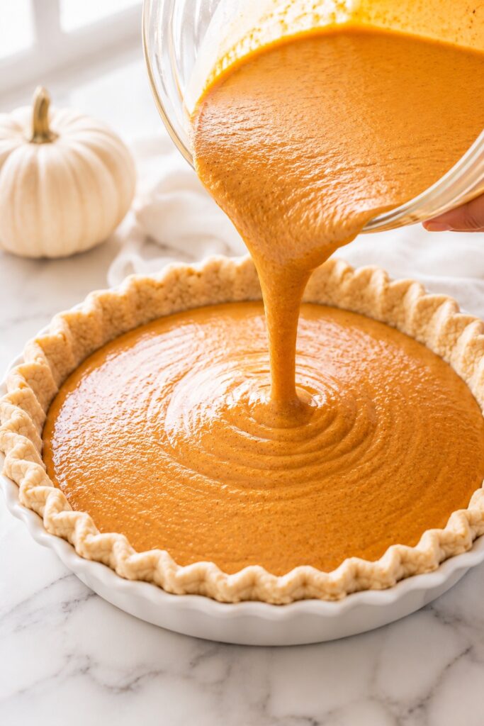 Pumpkin Pie Recipe Pouring Filling in Crust