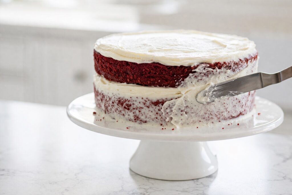 assembling red velvet cake layers red velvet cake being assembled with crumb coat frosting on cake stand