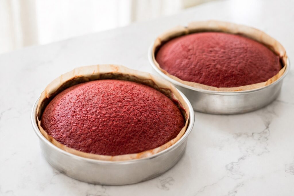 baked red velvet cake layers baked red velvet cake layers in pans with edges pulling away from sides