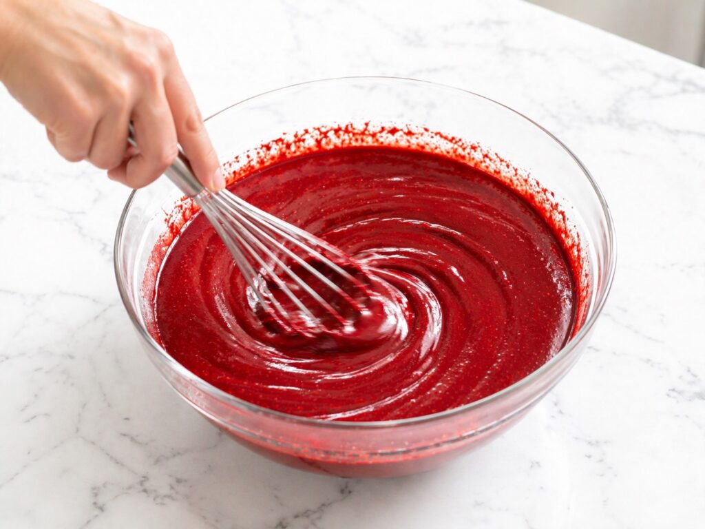 red velvet cake batter being mixed mixing red velvet cake batter in glass bowl with whisk smooth glossy texture